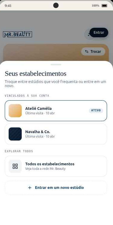 Prévia do Super App Mr. Beauty, com os estabelecimentos que o cliente frequenta