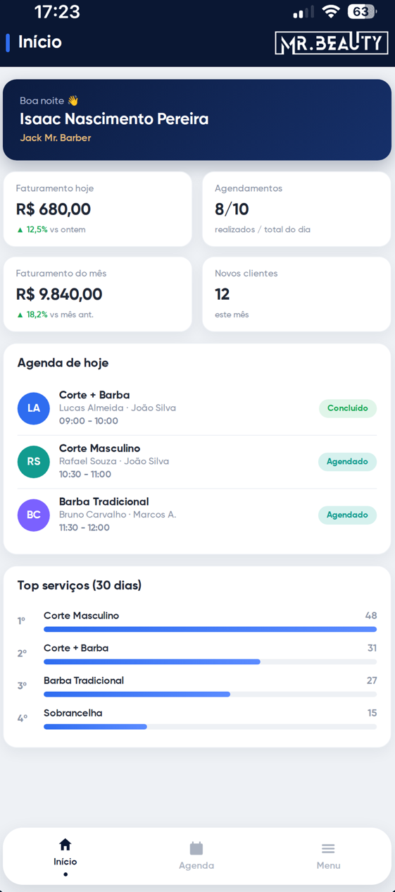 Painel do Mr. Beauty Profissional com faturamento do dia, agendamentos e top serviços